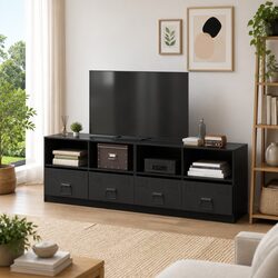 TV Cabinet 2 Pieces Black Storage Unit Furniture Organiser Shelves