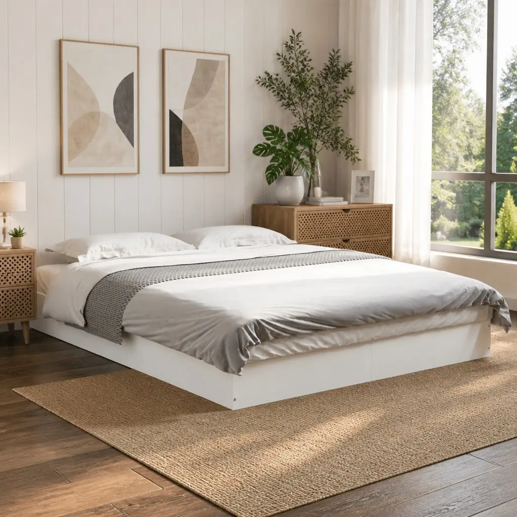 Bed Frame White 135x190 cm Modern Design Engineered Wood Bedroom Furniture