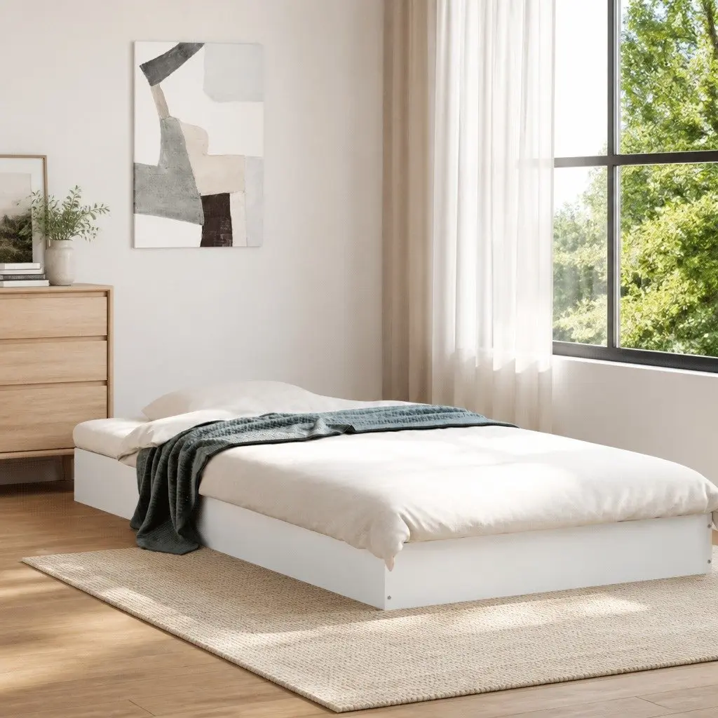 Bed Frame White 90x190 cm Modern Design Engineered Wood Slat Base Bedroom