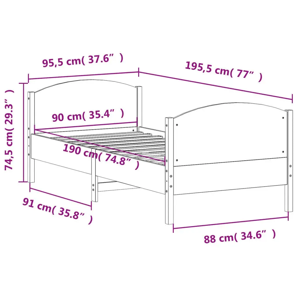 Bed Frame 90x190 cm Solid Wood Pine Brown Wooden Bedroom Furniture Slats Base