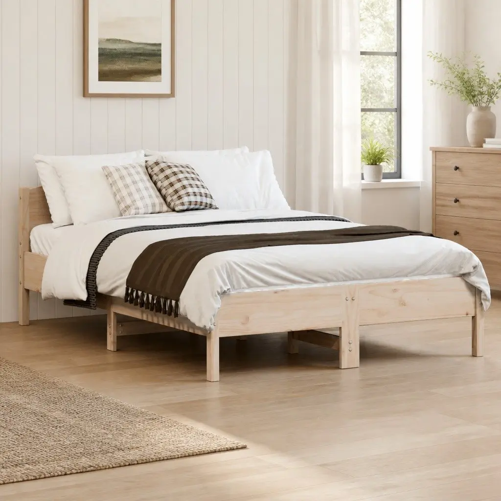 Bed Frame 135x190 cm in Brown Solid Pine Wood
