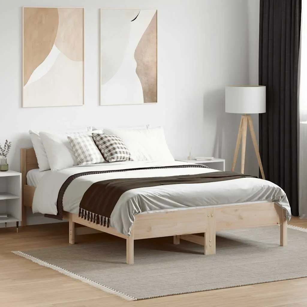 Bed Frame 135x190 cm in Brown Solid Pine Wood