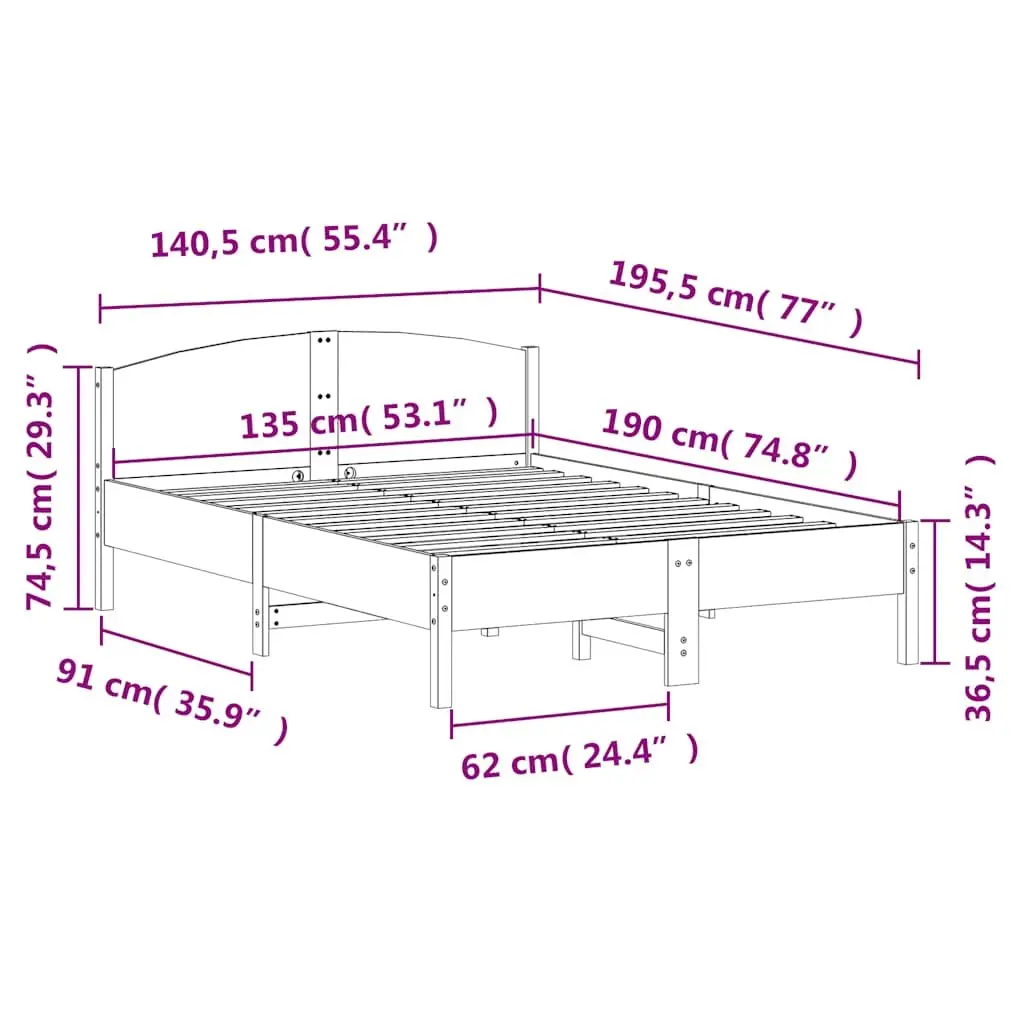 Bed Frame 135x190 cm in Brown Solid Pine Wood