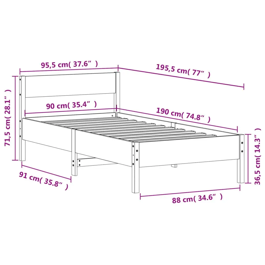 Solid Wood Bed Frame 90x190 cm Slatted Base Headboard Brown