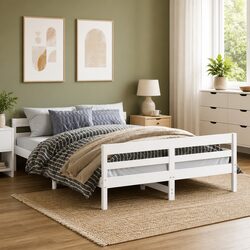 Double Bed Frame White Solid Pine Wood 137x187 cm Wooden Bedroom Furniture
