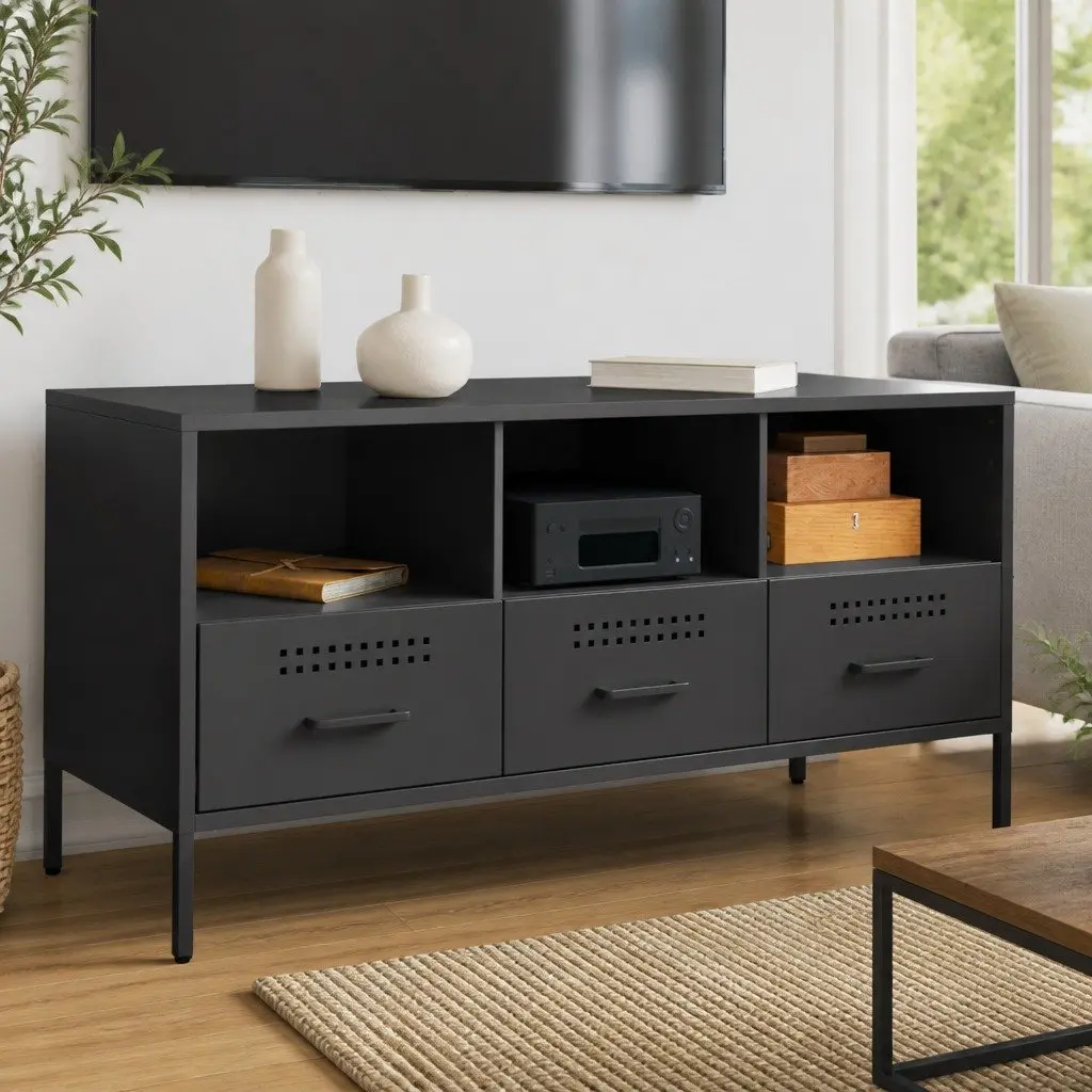 TV Cabinet Black Industrial Style Steel Frame 100.5cm Living Room Storage Unit