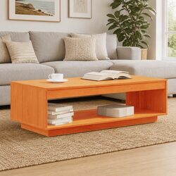 Solid Pine Wood Coffee Table with Storage Shelf Brown Living Room Accent