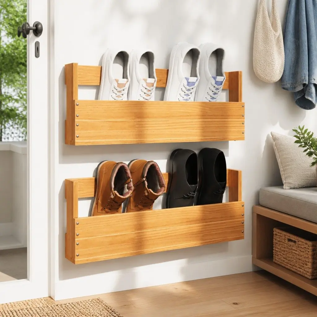 Wall-Mounted Shoe Rack Organizer 2 Pieces Solid Pine Wood Storage Brown