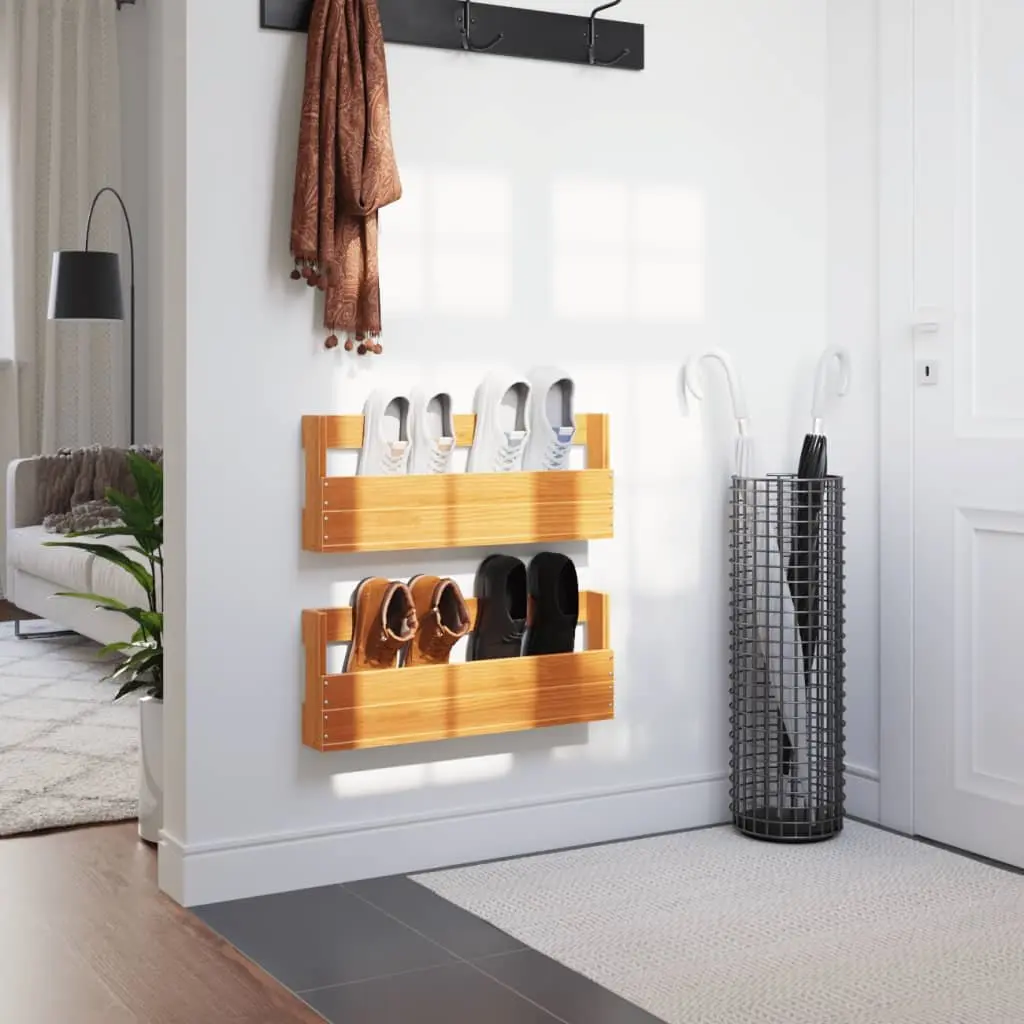 Wall-Mounted Shoe Rack Organizer 2 Pieces Solid Pine Wood Storage Brown
