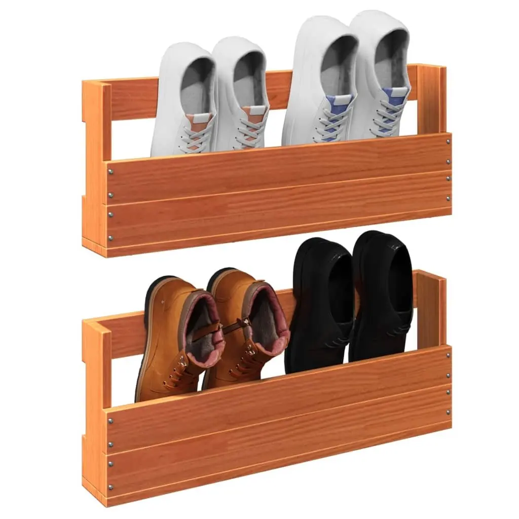 Wall-Mounted Shoe Rack Organizer 2 Pieces Solid Pine Wood Storage Brown
