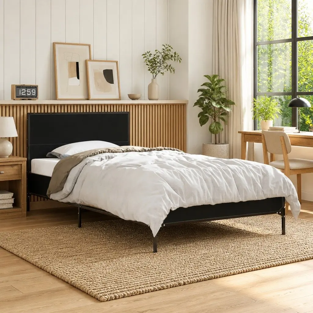 Bed Frame Black Engineered Wood 90x190 cm Metal Legs Plywood Slats with Headboard