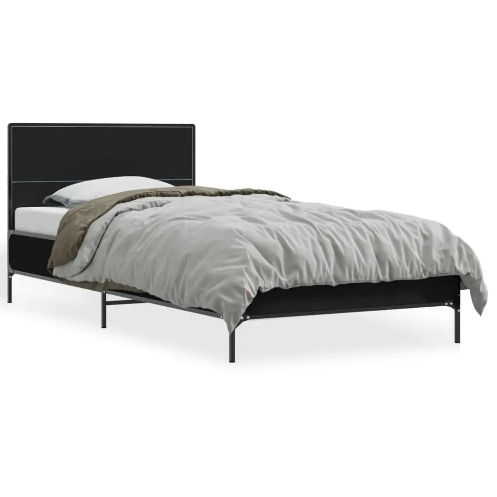 Bed Frame Black Engineered Wood 90x190 cm Metal Legs Plywood Slats with Headboard
