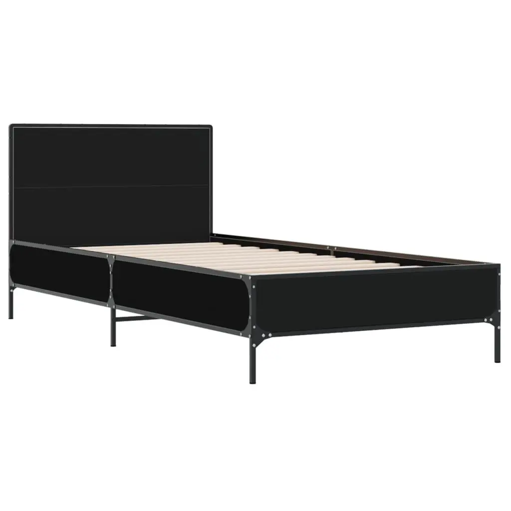 Bed Frame Black Engineered Wood 90x190 cm Metal Legs Plywood Slats with Headboard