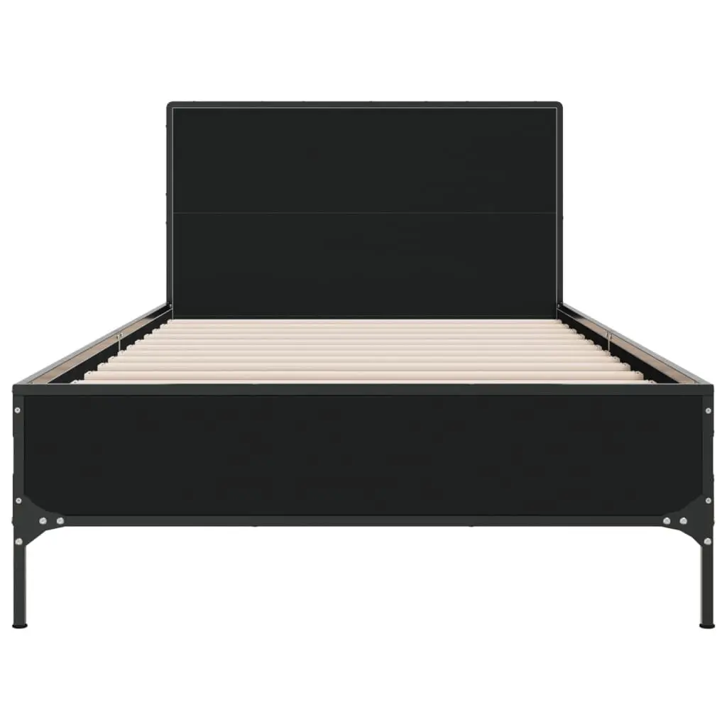 Bed Frame Black Engineered Wood 90x190 cm Metal Legs Plywood Slats with Headboard