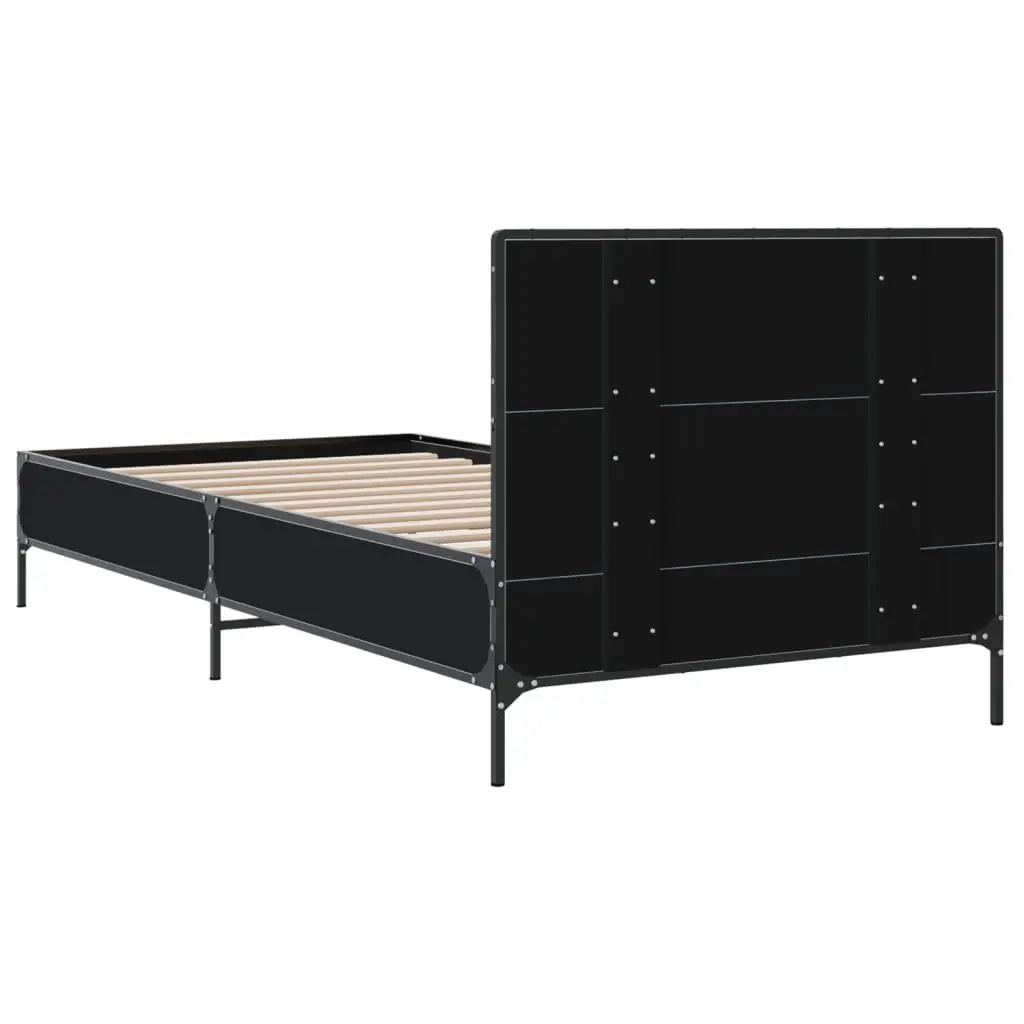 Bed Frame Black Engineered Wood 90x190 cm Metal Legs Plywood Slats with Headboard