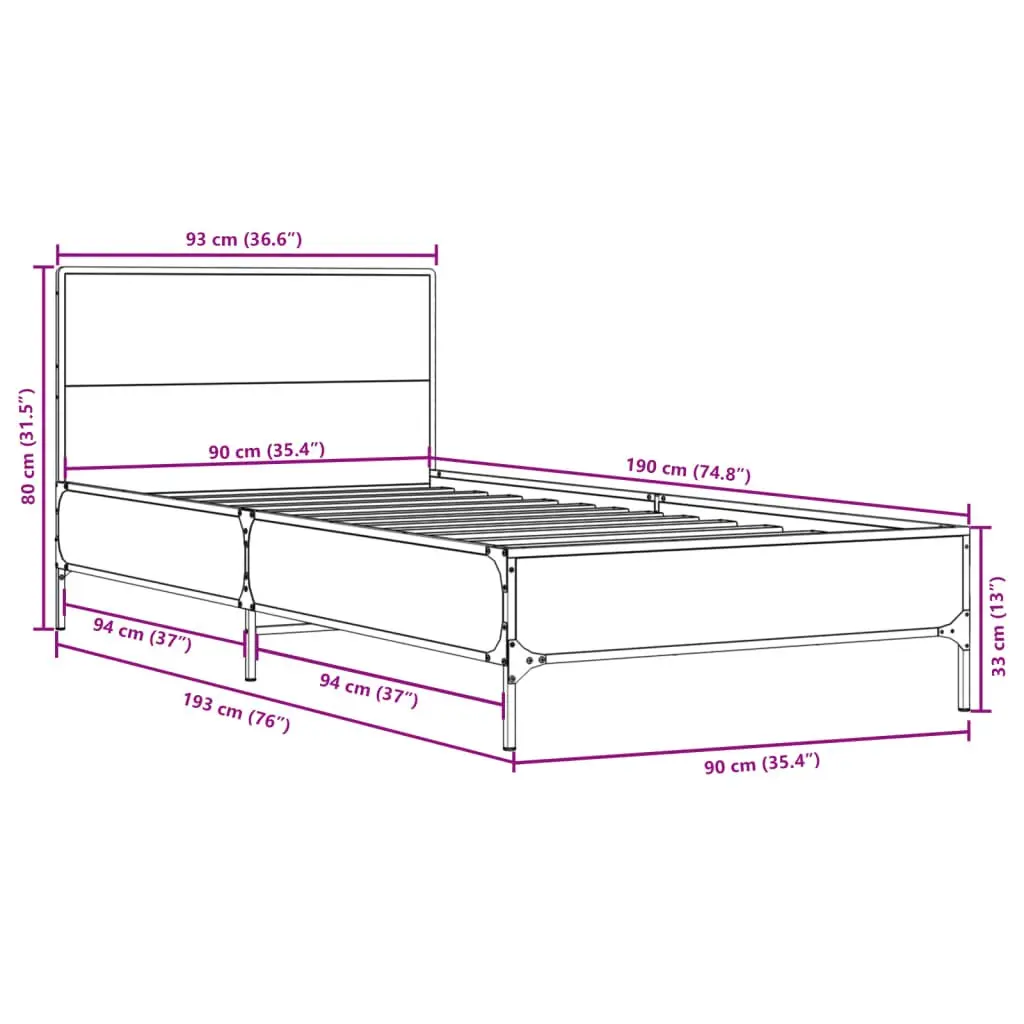 Bed Frame Black Engineered Wood 90x190 cm Metal Legs Plywood Slats with Headboard