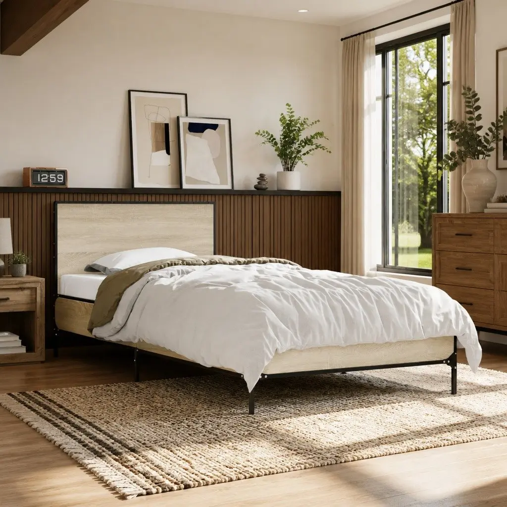 Bed Frame Single Support 90x190cm Brown Wooden Slats Headboard
