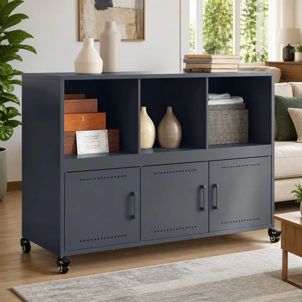 Sideboard Storage Cabinet Anthracite Steel 100.5 x 39 x 72 cm with Wheels for Bedroom Living Room Furniture