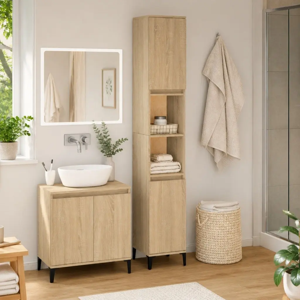 Bathroom Cabinet Storage Unit 30x30x190cm Brown Sonoma Oak with Shelves and Doors