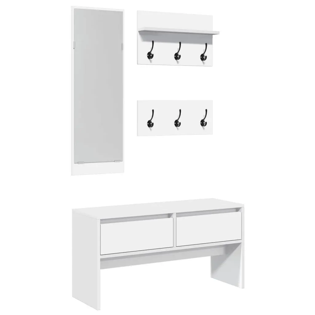 4 Piece Hallway Furniture Set Storage Bench Shoe Cabinet Mirror Coat Racks White