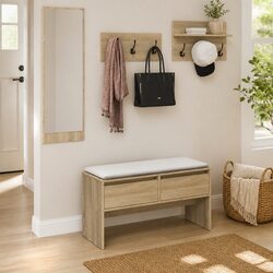 Hallway Furniture Set Storage Bench Shoe Cabinet Mirror Coat Hooks Entryway
