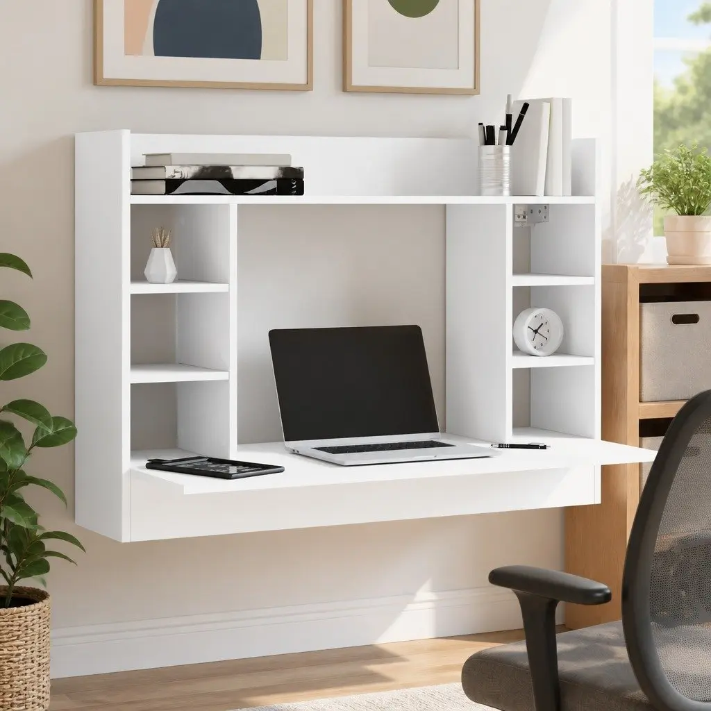 Wall-Mounted Desk White 105x48x75cm Floating Storage Workspace Compact Office