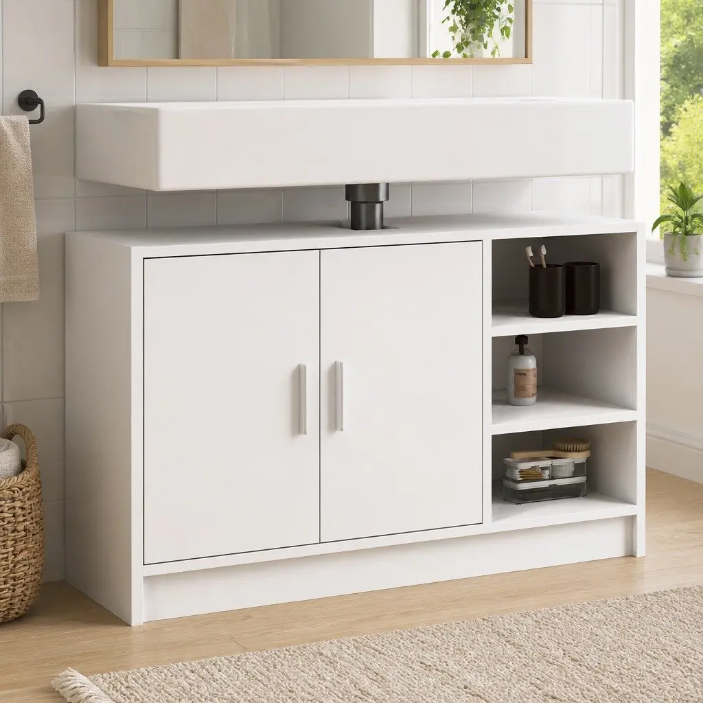 Engineered Wood Bathroom Vanity Sink Cabinet Storage White 90cm x 29cm x 55cm with Open and Closed Compartments