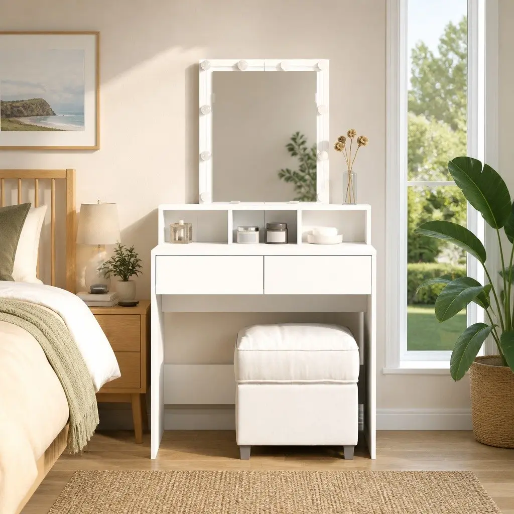 White Vanity Table with LED Mirror and Storage