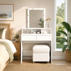 Practical White Vanity Table with LED Mirror and Storage