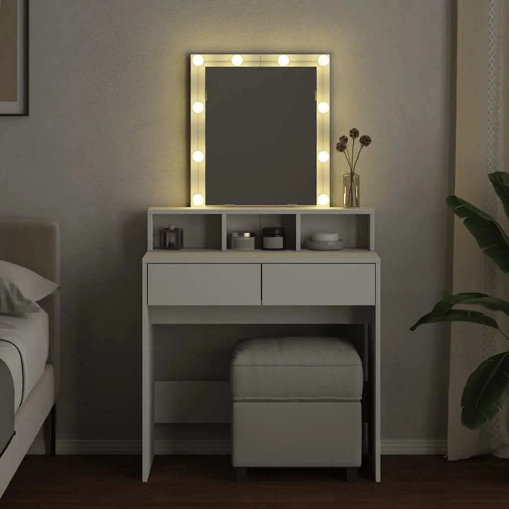 White Vanity Table with LED Mirror and Storage