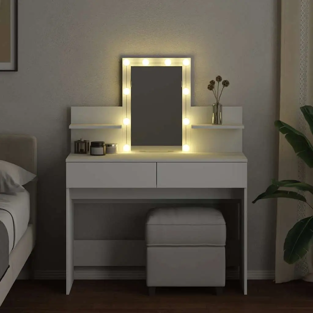 Bedroom Dressing Table with LED Mirror White Vanity Makeup Desk Storage Drawers
