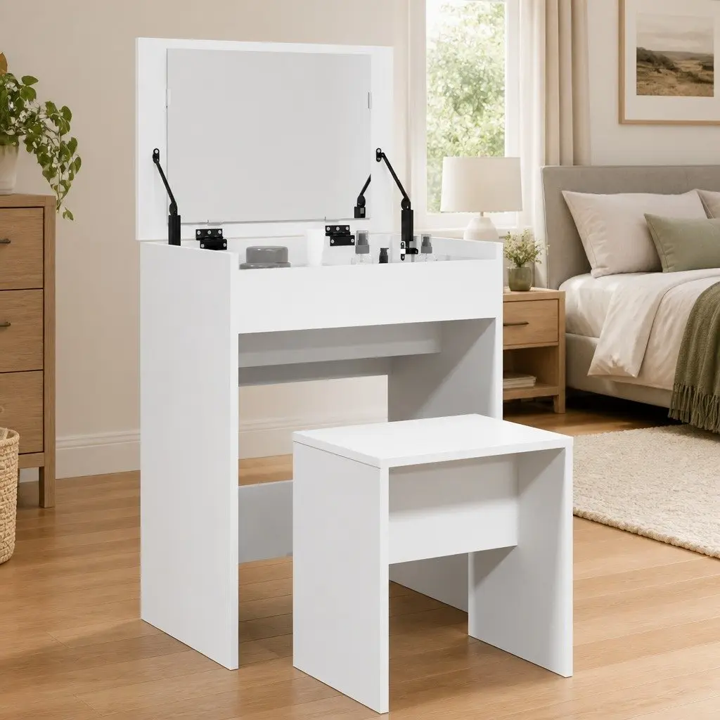 White Dressing Table with Mirror Stool Bedroom Vanity Makeup Storage