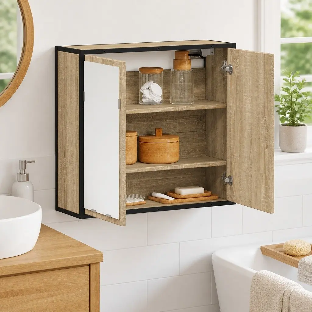 Bathroom Mirror Cabinet Wall-Mounted Storage Unit 65W x 20D x 60H cm Brown Engineered Wood