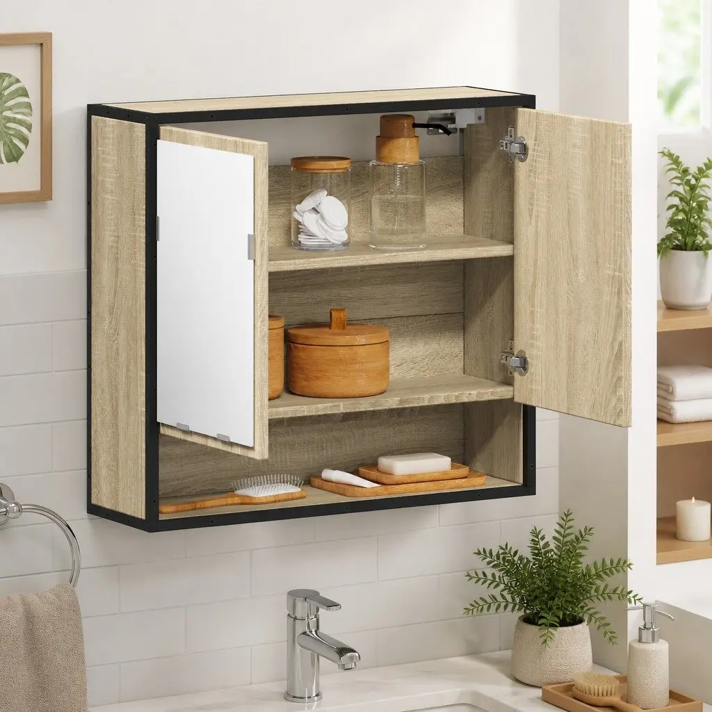 Bathroom Mirror Cabinet Wall-Mounted Storage Unit 65W x 20D x 60H cm Brown Engineered Wood