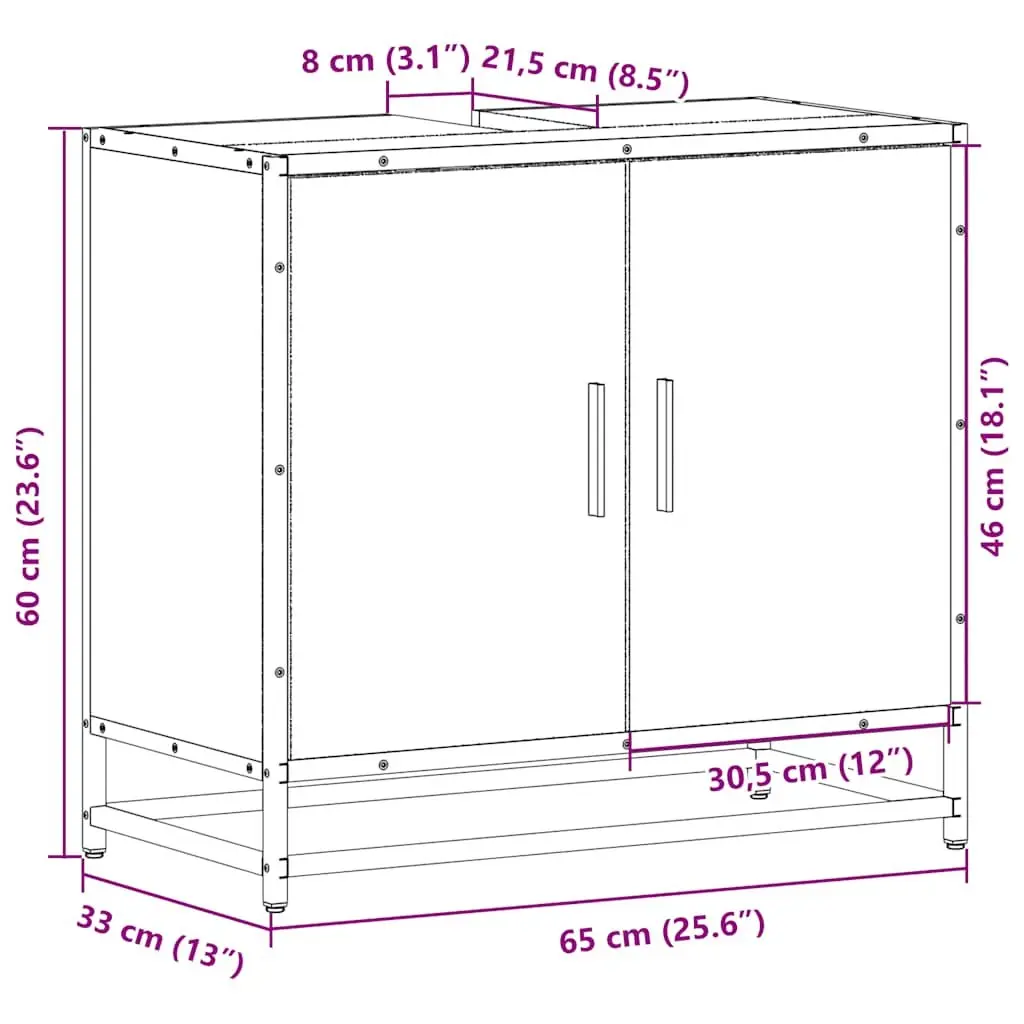 Bathroom Sink Cabinet Engineered Wood Storage Brown 65x33x60cm