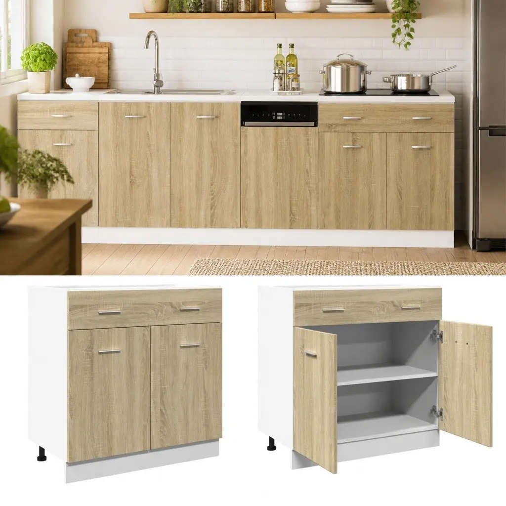 Drawer Bottom Cabinet Kitchen Storage Cupboard 80W x 46D x 81.5H cm Brown Engineered Wood