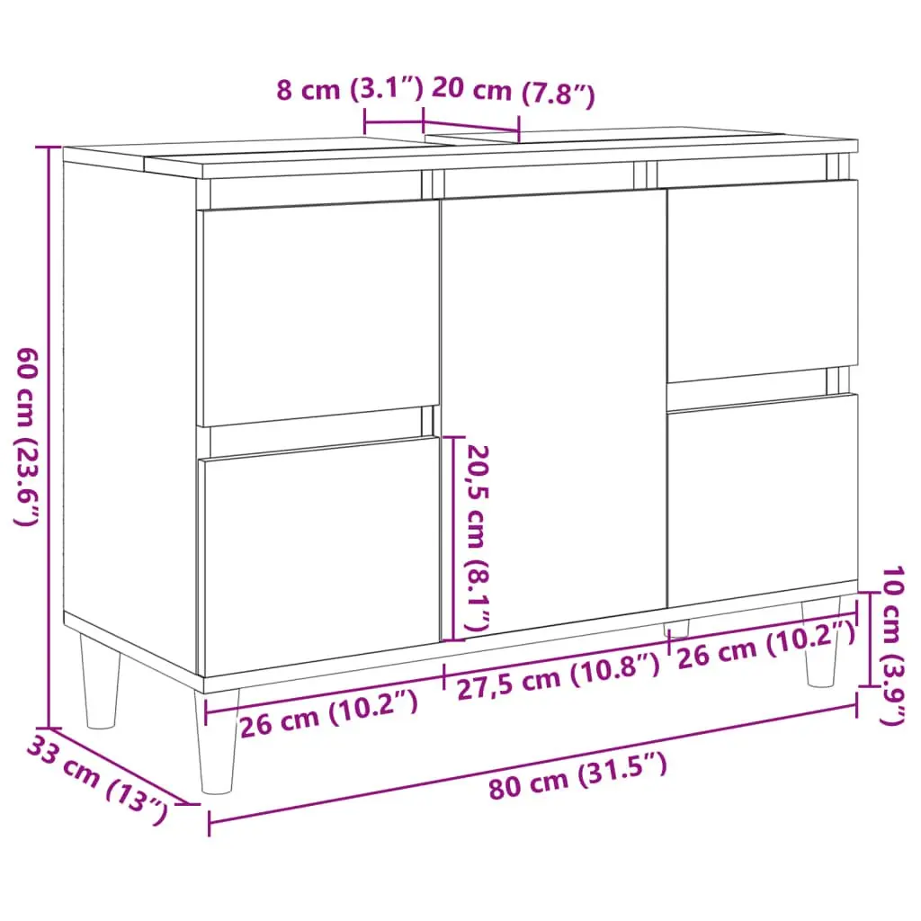 Bathroom Sink Cabinet Storage Unit 80x33x60cm Brown Vanity with Drawers and Compartment