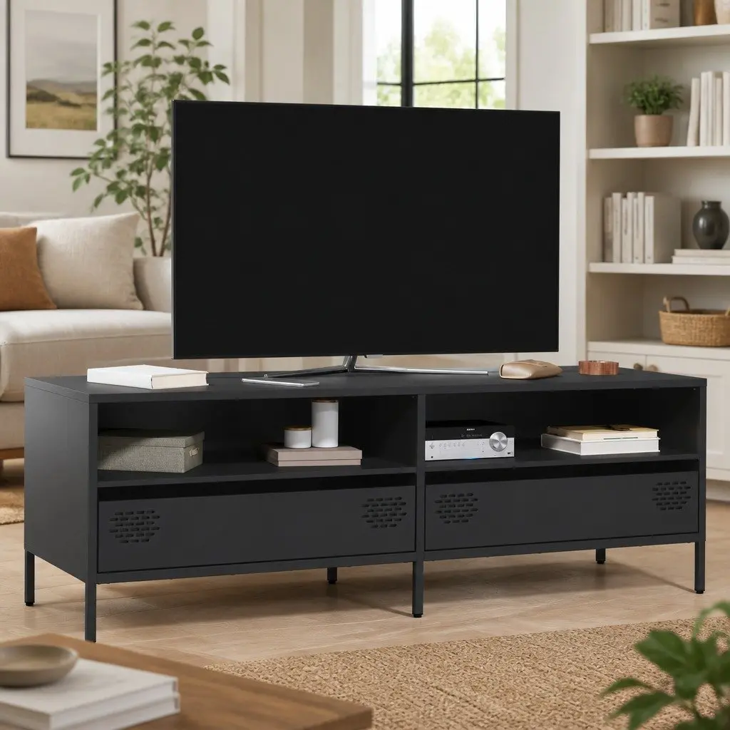Black Industrial TV Cabinet with Drawers