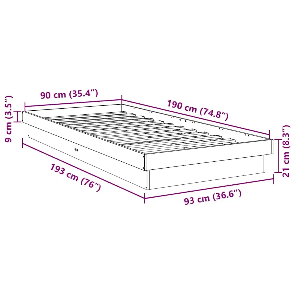 Solid Oak Wood Bed Frame 90x190 cm Low Floor Slatted Base Bedroom Furniture