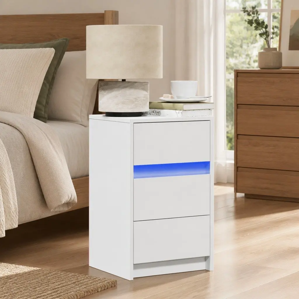 Bedside Cabinet with RGB LED Lights White Engineered Wood Bedroom Storage