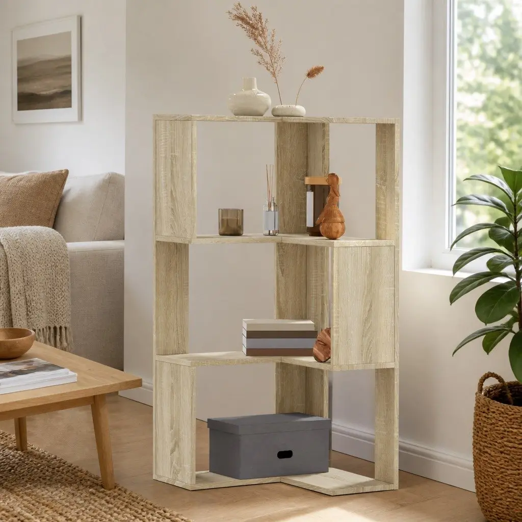 Corner Bookcase 3-Tier Storage Shelf Compact Display Unit Brown