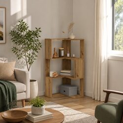 Warm Brown Wood Corner Bookcase - 3-Tier Storage
