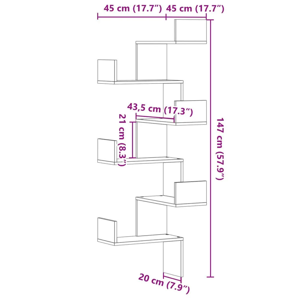 Wall Corner Shelf Sonoma Oak Brown 45x45x147cm Storage Display Shelving Unit