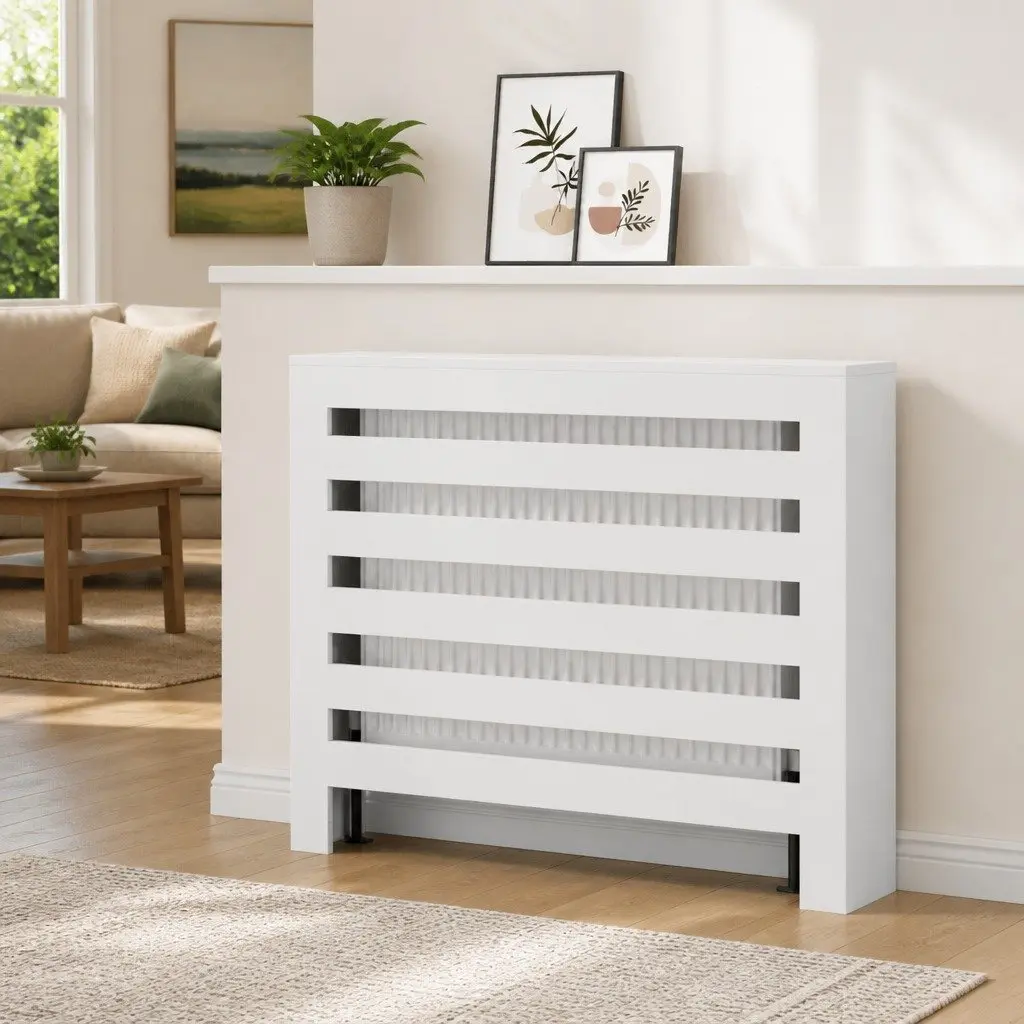 Radiator Cover White 104 x 20 x 82 cm Slatted Cabinet Shelf Living Room Heater