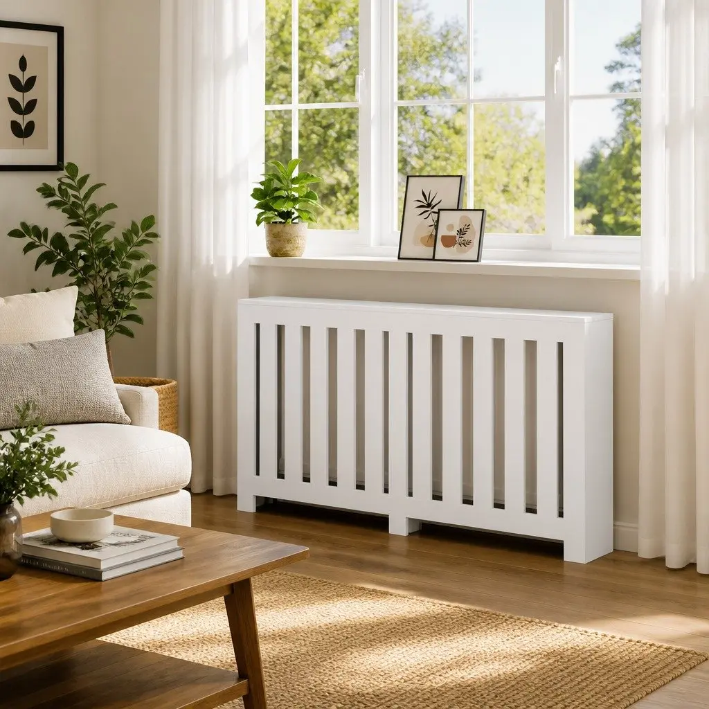 Radiator Cover White Slatted Cabinet with Shelf 149 x 20 x 82 cm
