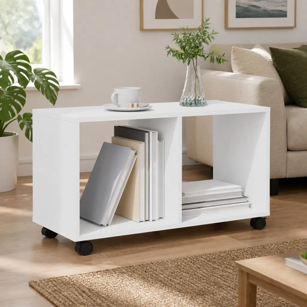 Rolling Cabinet Storage Unit White 72x33x42.5cm with Swivel Wheels and Lockable