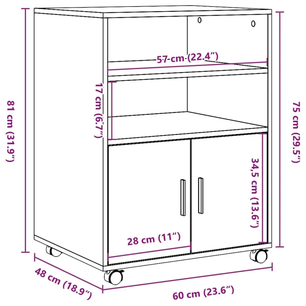 Rolling Cabinet Storage Furniture Shelves Doors 60x48x81cm Brown