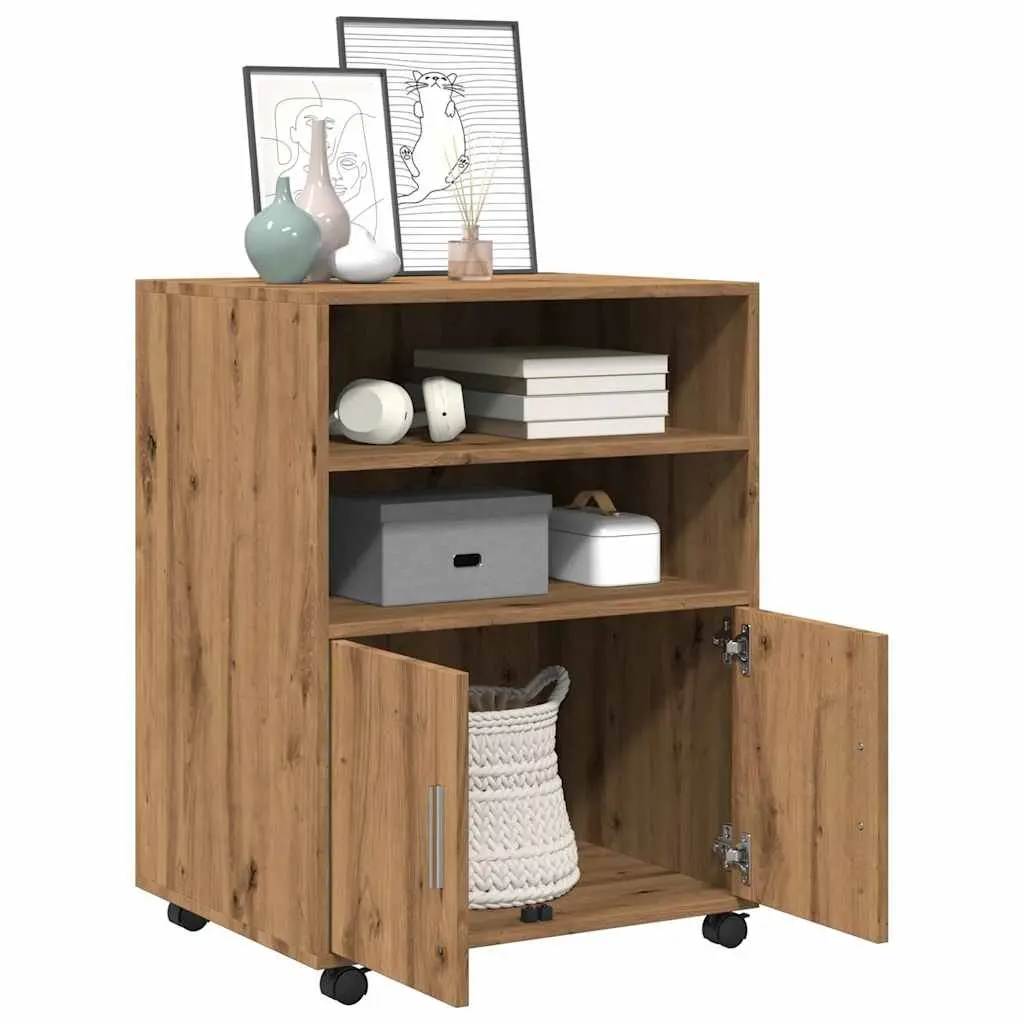 Rolling Cabinet with Shelves and Doors Brown Storage Furniture 60x48x81cm