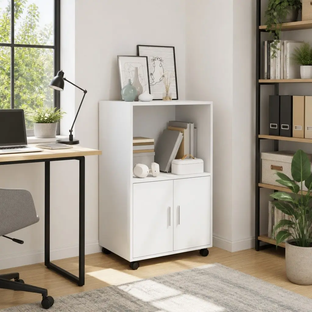Rolling Cabinet White Storage Furniture with Wheels Shelves Doors Bedroom