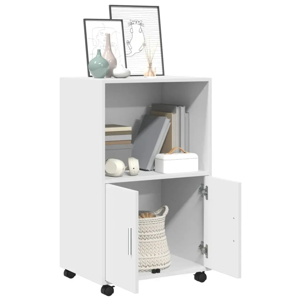 Rolling Cabinet White Storage Furniture with Wheels Shelves Doors Bedroom
